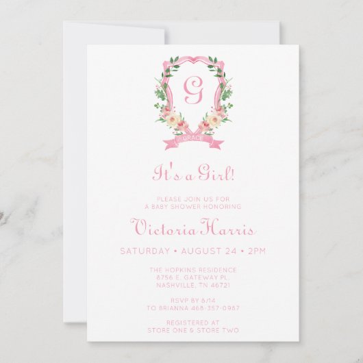 Rosa Wappen mit Blumen Es ist eine Mädchendusche Einladung (Vorderseite)