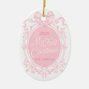 Rosa Wappen & Schleife Erstes Weihnachten Foto-Orn Keramik Ornament