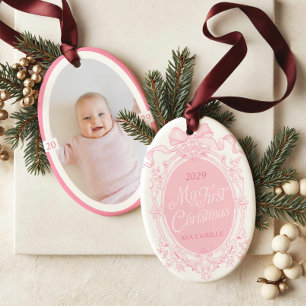 Rosa Wappen & Schleife Erstes Weihnachten Foto-Orn Keramik Ornament