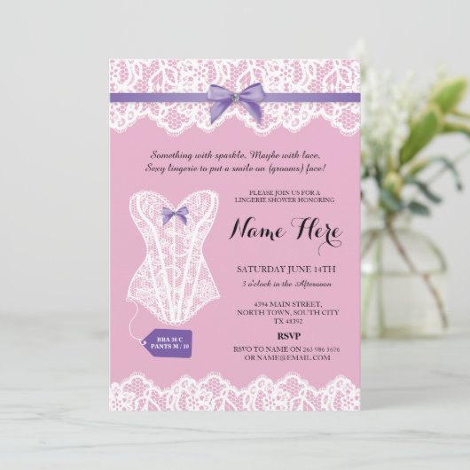 Rosa Wäsche-Duschen-bräutliches lila Korsett lädt Einladung (Stehend Vorderseite)