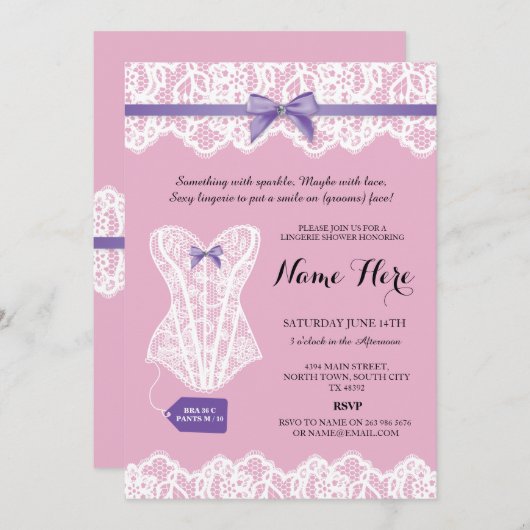 Rosa Wäsche-Duschen-bräutliches lila Korsett lädt Einladung (Vorne/Hinten)