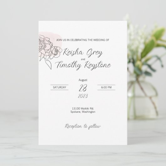 Rosa Wash Line Art Hochzeit Einladung (Stehend Vorderseite)