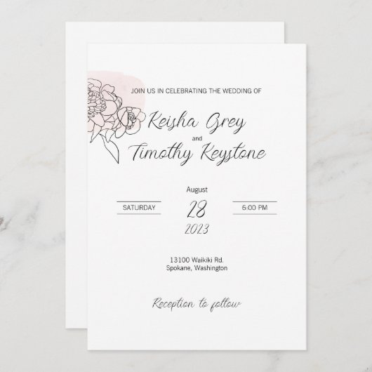 Rosa Wash Line Art Hochzeit Einladung (Vorne/Hinten)