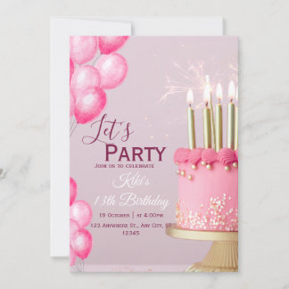 Rosa Wasserfarbe 13. Geburtstag Einladung