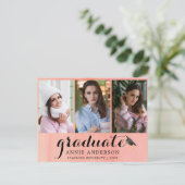 Rosa Wasserfarbe 3 Foto Abschluss Einladung Postkarte (Stehend Vorderseite)