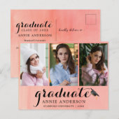 Rosa Wasserfarbe 3 Foto Abschluss Einladung Postkarte (Vorne/Hinten)