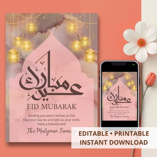 Rosa Wasserfarbe Alkohol-Tinte Eid Mubarak Karte
