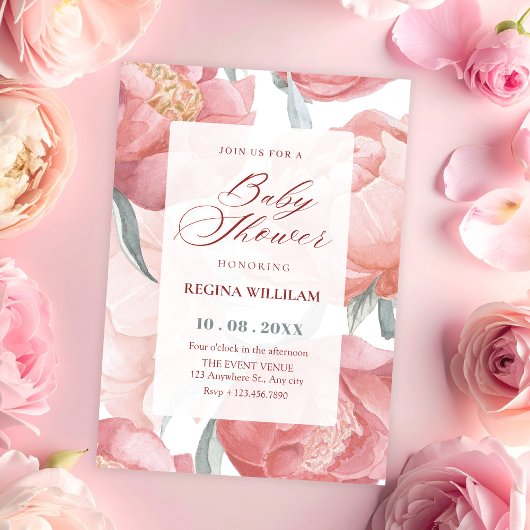 Rosa Wasserfarbe Babyshower mit Blumenmuster Einladung
