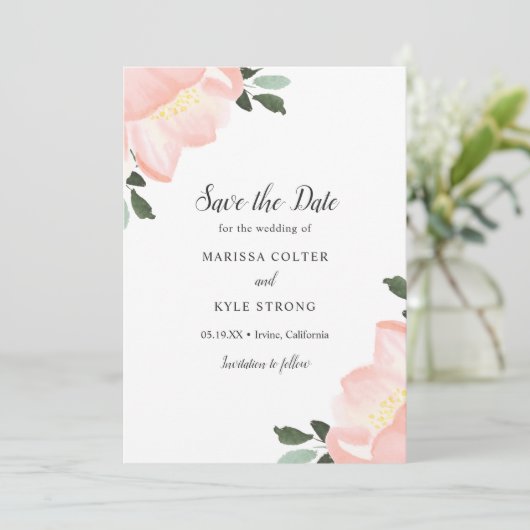 Rosa Wasserfarbe Bläserne Elegante Hochzeit Save The Date (Stehend Vorderseite)