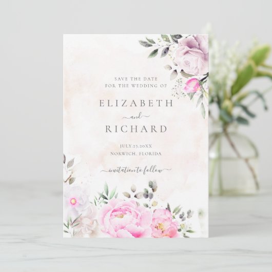 Rosa Wasserfarbe Bläserne Elegante Hochzeit Save The Date (Stehend Vorderseite)