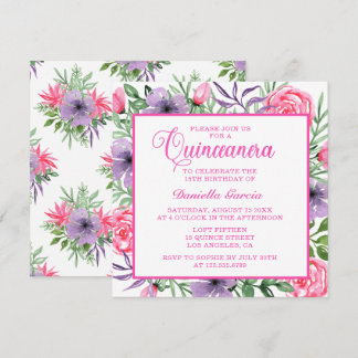 Rosa Wasserfarbe Blumenmodern Quinceñera Einladung