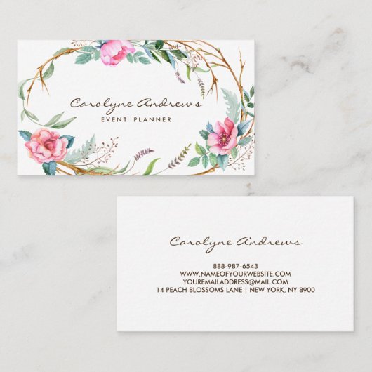 Rosa Wasserfarbe Bohemische Blumenreste Visitenkarte (Vorne/Hinten)