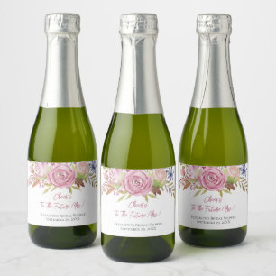 Rosa Wasserfarbe Botanical Hochzeitsdusche Mini Schaumweinetikett