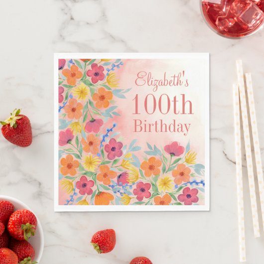 Rosa Wasserfarbe Botanischer Personalisierter Gebu Serviette (Beispiel)