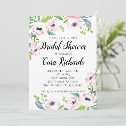 Rosa Wasserfarbe - Brautdusche Einladung (Stehend Vorderseite)