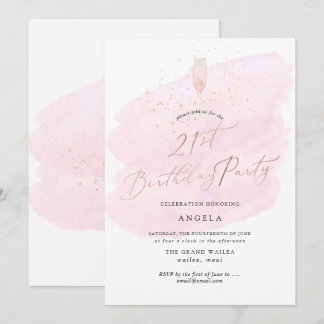 Rosa Wasserfarbe Champagnerglas+Blasen Einladung