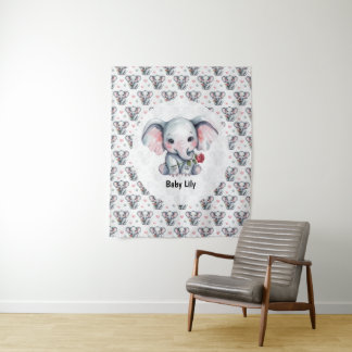 Rosa Wasserfarbe-Elefanten-Baby-Party Wandteppich