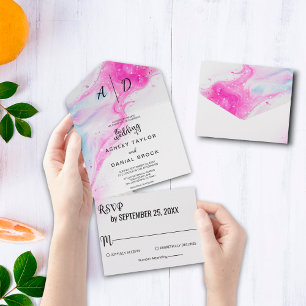 Rosa Wasserfarbe elegante All-in-One-Hochzeitseinl All In One Einladung