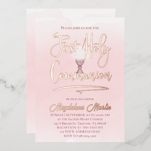 Rosa Wasserfarbe Erste heilige Kommune Folieneinladung (Vorderseite/Rückseite)