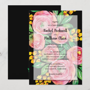 Rosa Wasserfarbe-Floral auf schwarzer Hochzeit Einladung