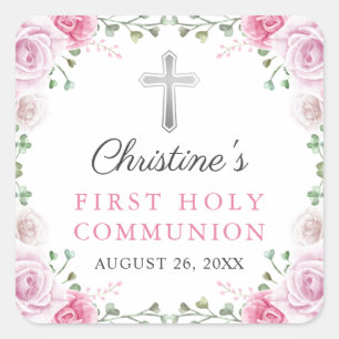 Rosa Wasserfarbe Floral Erste heilige Kommune Quadratischer Aufkleber