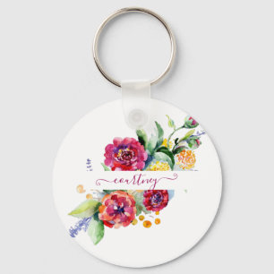Rosa Wasserfarbe floral personalisiert Schlüsselanhänger