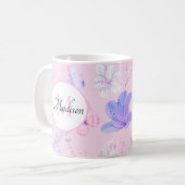Rosa Wasserfarbe Florale Schmetterlinge Monogramm Kaffeetasse (Vorderseite Links)
