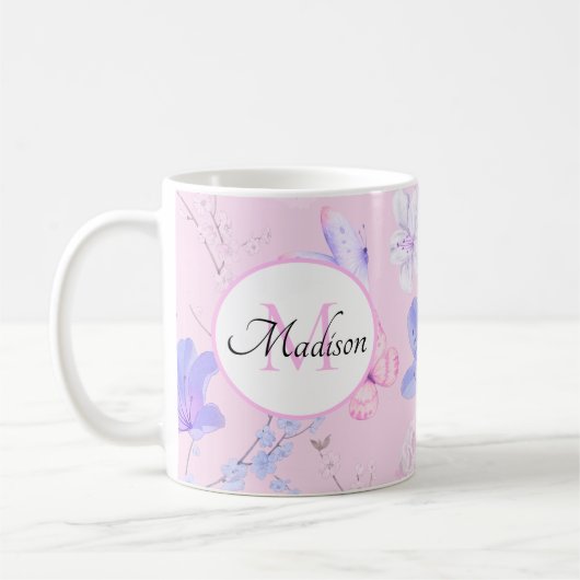 Rosa Wasserfarbe Florale Schmetterlinge Monogramm Kaffeetasse (Links)