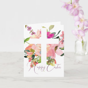 Rosa Wasserfarbe florales Kreuz Ostern Karte