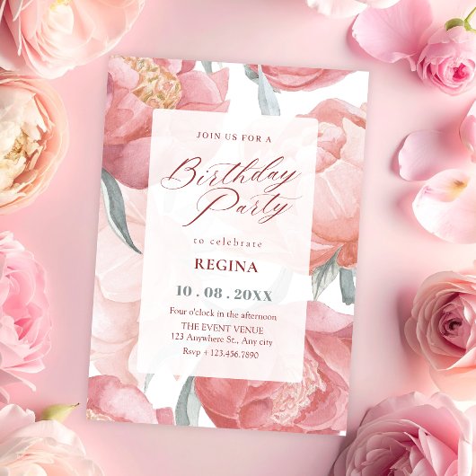 Rosa Wasserfarbe Geburtstag mit Blumen Einladung