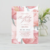 Rosa Wasserfarbe Geburtstag mit Blumen Einladung (Stehend Vorderseite)