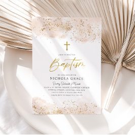 Rosa Wasserfarbe Gold Cross Gir Christening Taufe Einladung