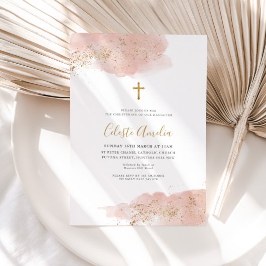 Rosa Wasserfarbe Gold Cross Girls Taufe Einladung