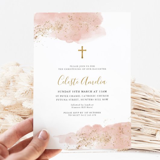Rosa Wasserfarbe Gold Cross Girls Taufe Einladung