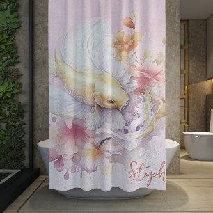 Rosa Wasserfarbe Gold Koi Fisch Floral Personalisi Duschvorhang