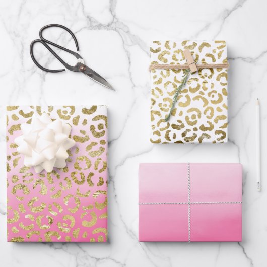 Rosa Wasserfarbe Gold Leopard Geschenkpapier Set (Vorderseite)