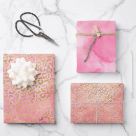 Rosa Wasserfarbe Gold Leopard Print Geschenkpapier Set