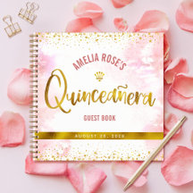 Rosa Wasserfarbe Gold Quinceañera Gästebuch