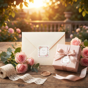 Rosa Wasserfarbe Goldrahmen Hochzeit mit errötende Quadratischer Aufkleber