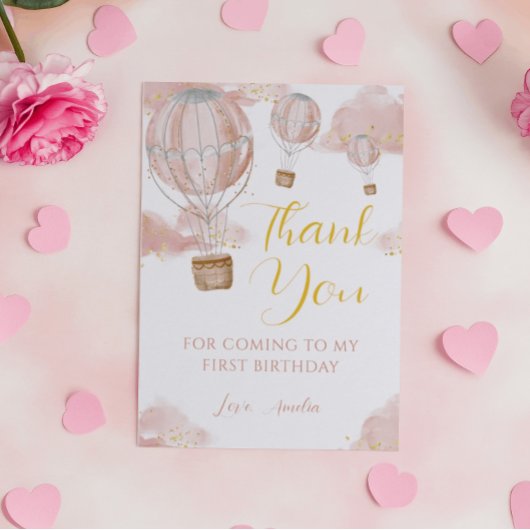 Rosa Wasserfarbe Heißluftballon Girl Geburtstag Dankeskarte