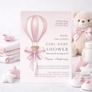 Rosa Wasserfarbe Heißluftballon Mädchen Baby Showe Einladung