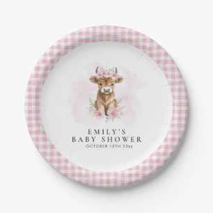Rosa Wasserfarbe Highland-Kuh-Mädchen-Baby-Party Pappteller
