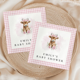 Rosa Wasserfarbe Highland-Kuh-Mädchen-Baby-Party Serviette