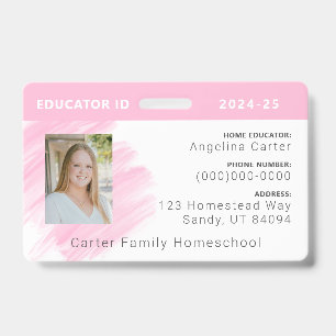 Rosa Wasserfarbe-Homeschool-Lehrerausweis-Abzeiche Ausweis