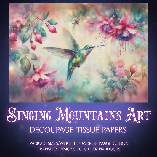 Rosa Wasserfarbe Hummingbird Decoupage mit Blumenm Seidenpapier