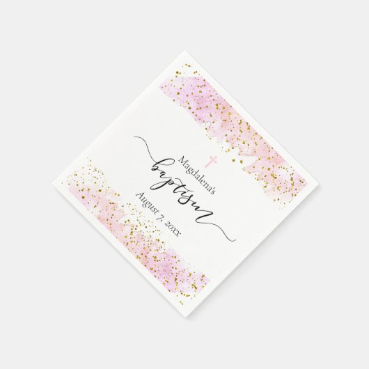 Rosa Wasserfarbe | Imitate Golddetails Taufe Serviette (Ecke)