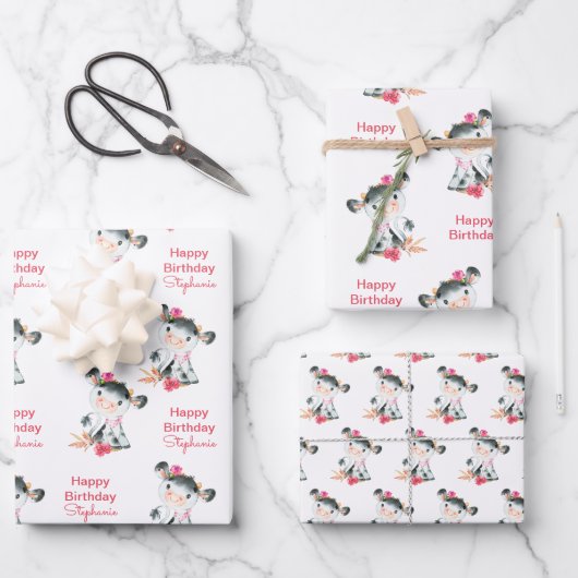 Rosa Wasserfarbe Kleine Kuh Geschenkpapier Set (Vorderseite)