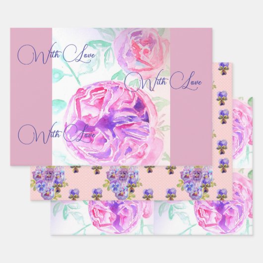 Rosa Wasserfarbe Lilac Rose Blume Bläserfarben Geschenkpapier Set (Set)