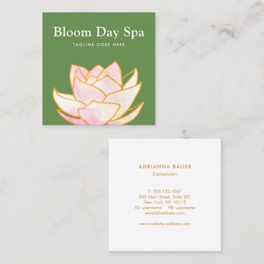 Rosa Wasserfarbe Lotus Blume Blumengrün Quadratische Visitenkarte (Vorne/Hinten)