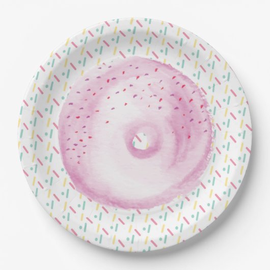 Rosa Wasserfarbe Mattiert Donut und Sprinklen Pappteller (Vorderseite)